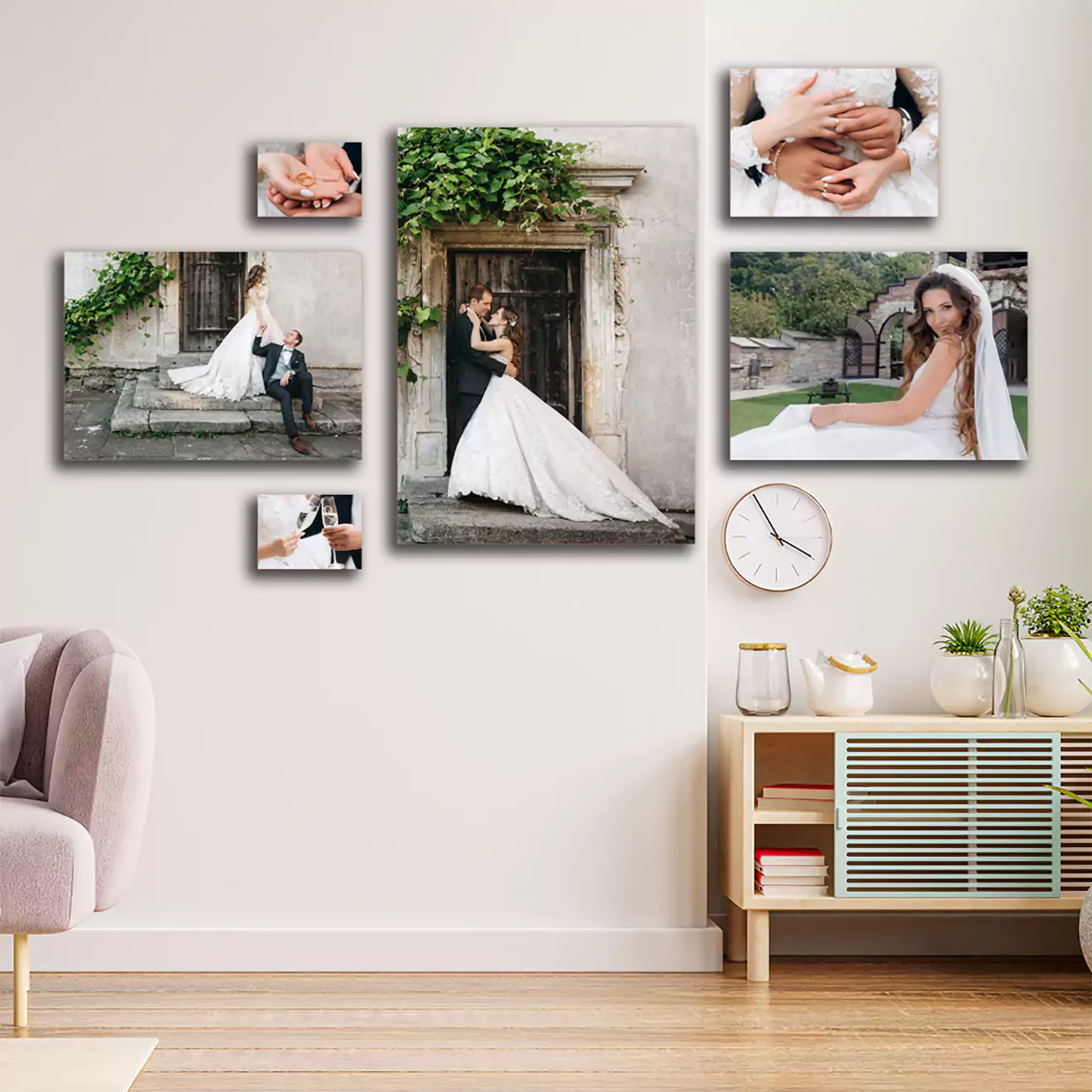 Set of 6 canvas prints on a wall in a room, featuring different wedding shots of a couple, showcasing their special moments in a beautifully arranged gallery display.