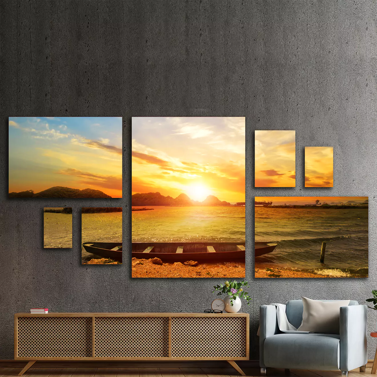 Set of 7 canvas prints on a wall in a room, featuring one picture split across all canvases, depicting a stunning sunset with a boat on a river, creating a panoramic and cohesive display.