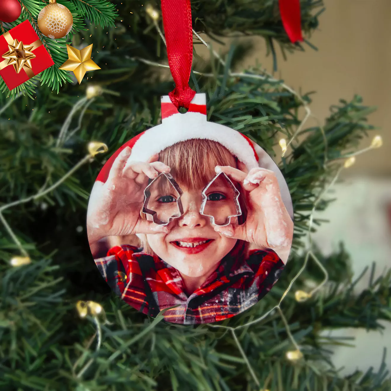 A Christmas tree ornament featuring a young child wearing a Santa hat and holding cookie cutters in front of their eyes, creating a festive and joyful holiday scene.