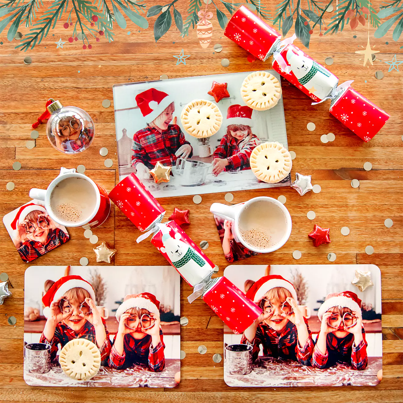 Personalised Christmas decoration being hung on a tree, showcasing a festive and lovingly chosen photo, enhancing the tree with a touch of personal charm and holiday spirit.