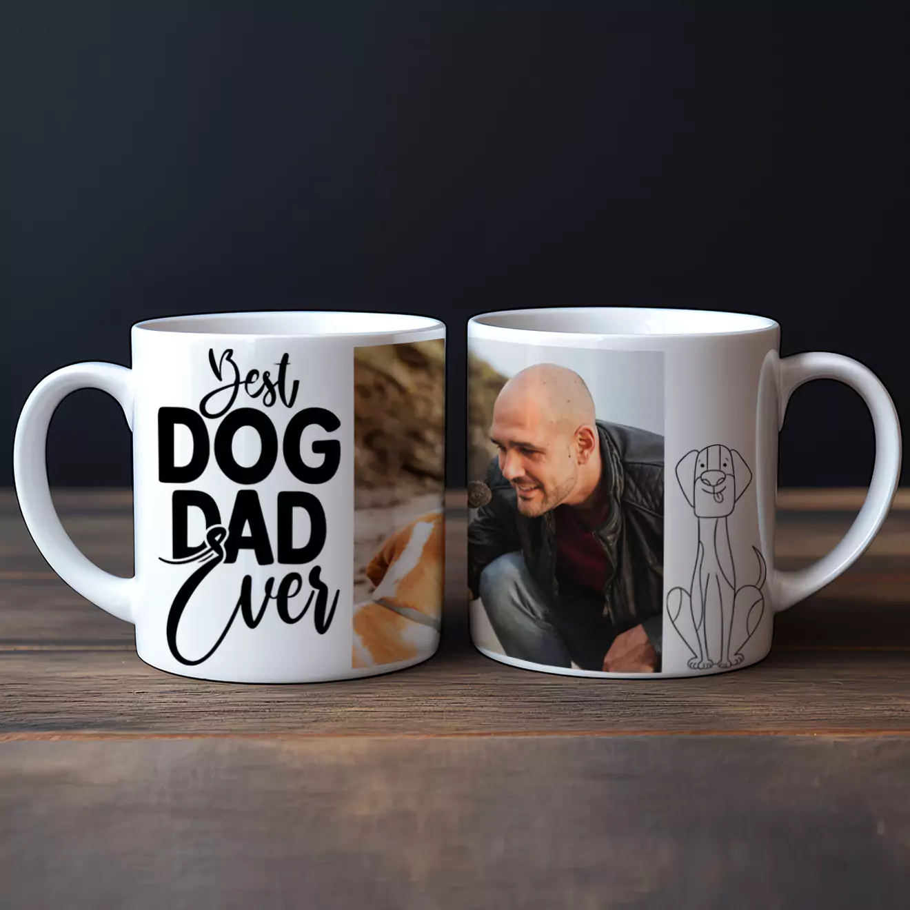 Two white ceramic mugs on a wooden surface. One mug features the text 'Best Dog Dad Ever' in bold black letters, while the other showcases a photo of a man with a dog and a simple dog illustration.