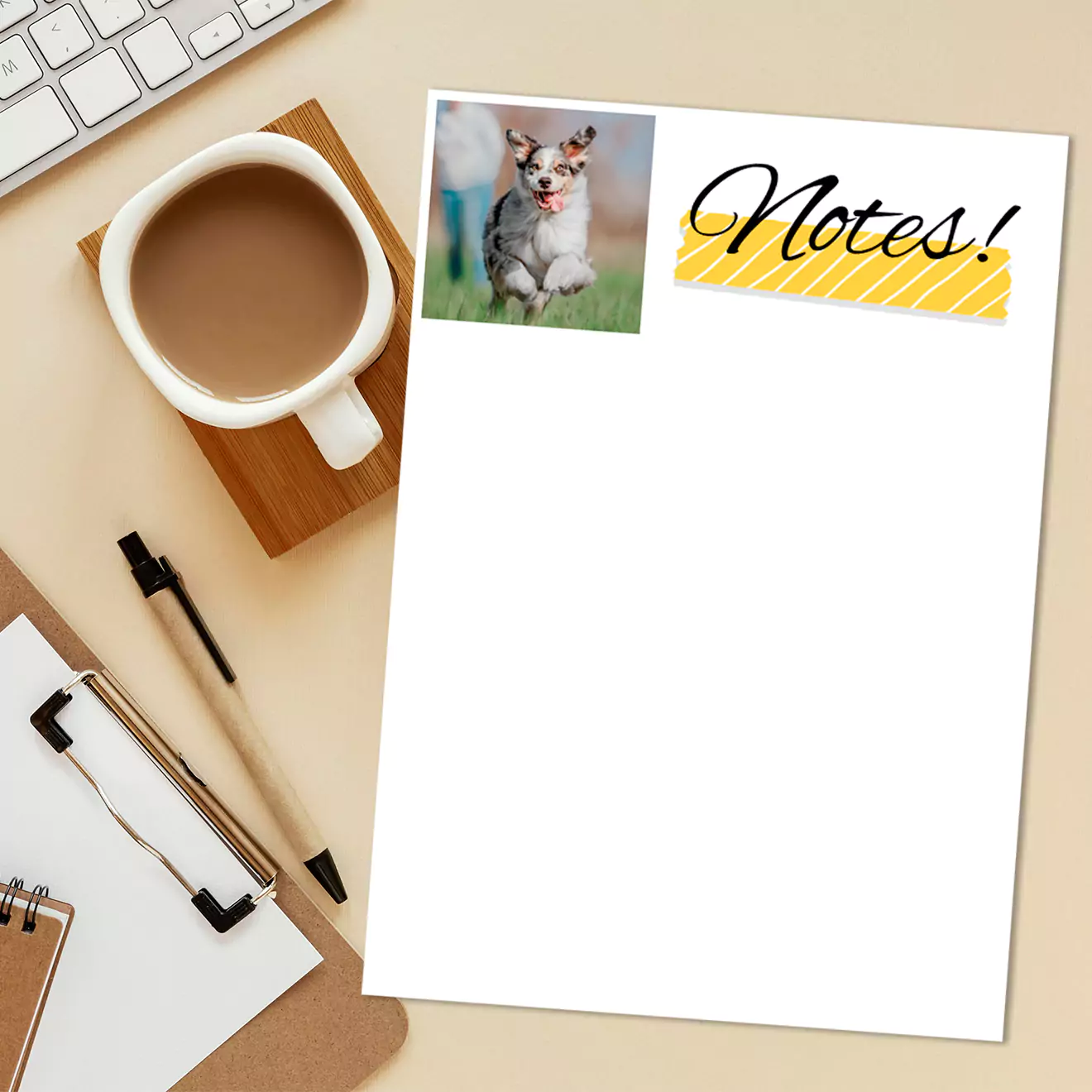 Custom notepad displaying a creative and colourful design layout, ideal for capturing ideas and personal reflections.