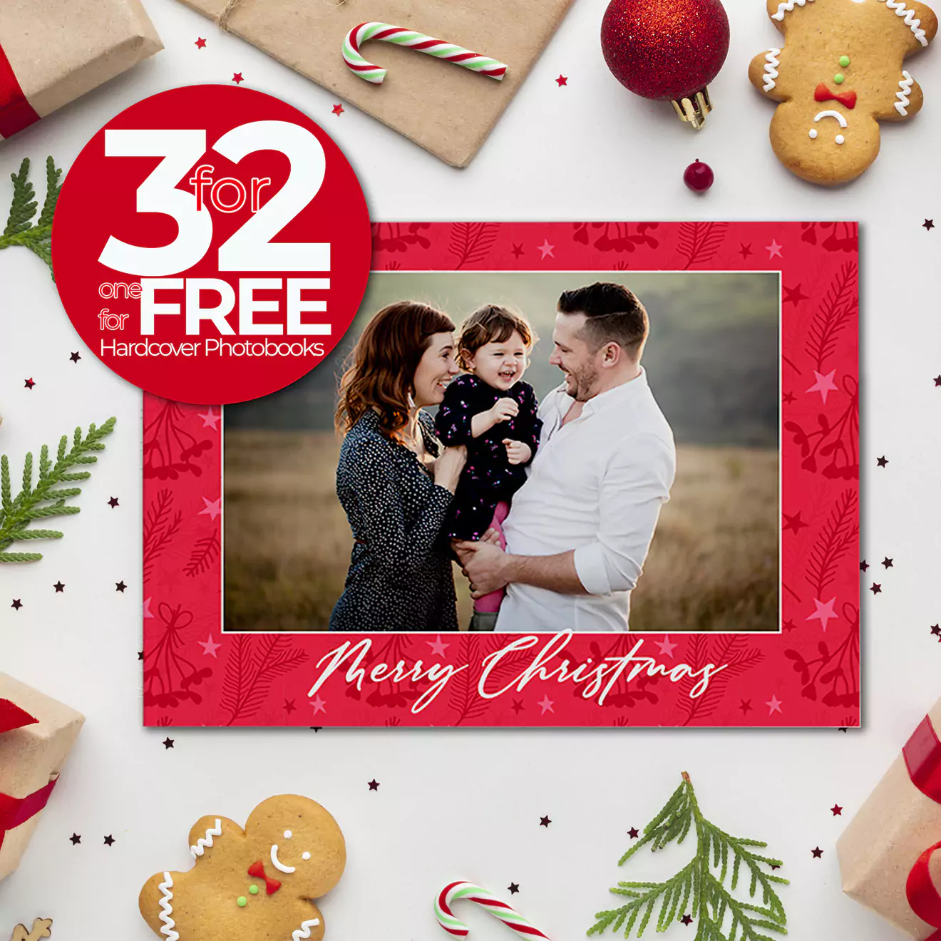 Festive image featuring Christmas-themed decorations and gift-wrapped photobooks, highlighting a 3-for-2 special offer. Perfect for holiday gifting, this deal allows you to buy three and pay for only two, making it easy to share cherished memories with loved ones this Christmas season.