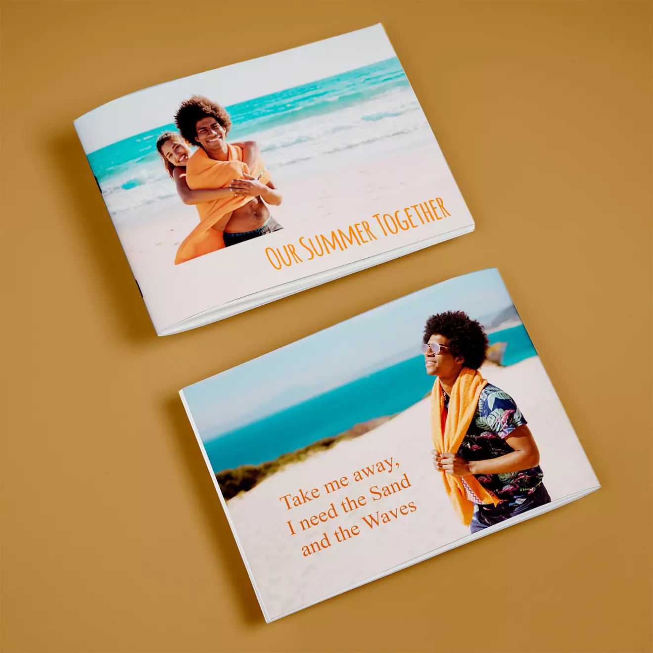 Two softcover photo books with beach-themed covers, featuring vibrant images of a couple at the seaside. One book is titled 'Our Summer Together' and the other reads 'Take me away, I need the Sand and the Waves.' A inexpensice photo book