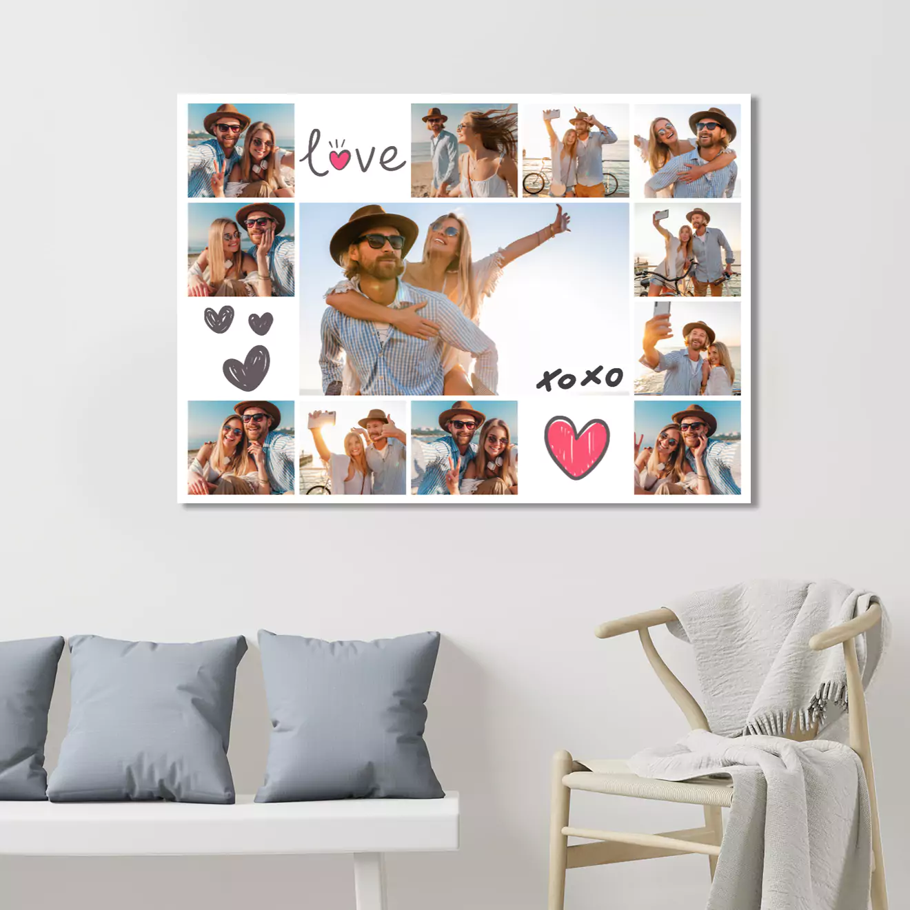 Valentine's Day themed photo collage canvas featuring a couple in various romantic poses, with decorative elements like hearts and the words 'love' and 'xoxo'. Displayed on a wall above a white bench with grey cushions and a draped blanket.