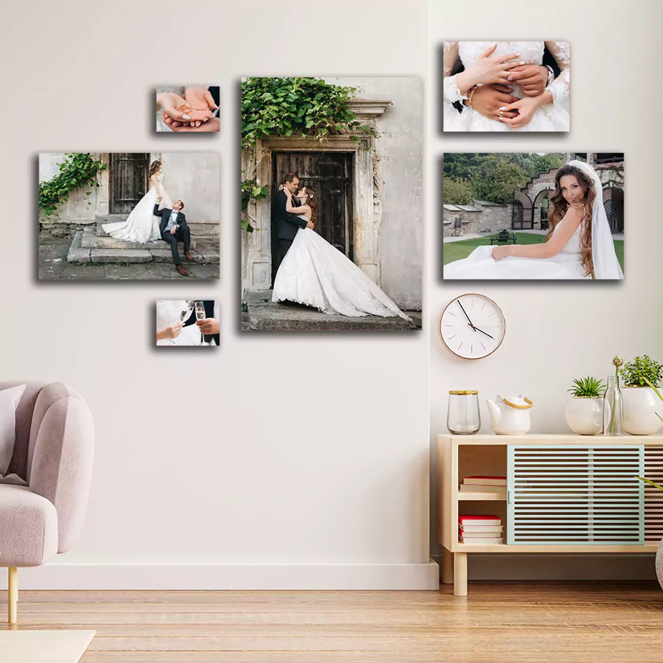 A living room wall adorned with a set of six wedding-themed canvas prints. The images feature a bride and groom in various romantic poses, including holding hands and embracing. The room is decorated with a modern white sideboard, plants, and a clock.