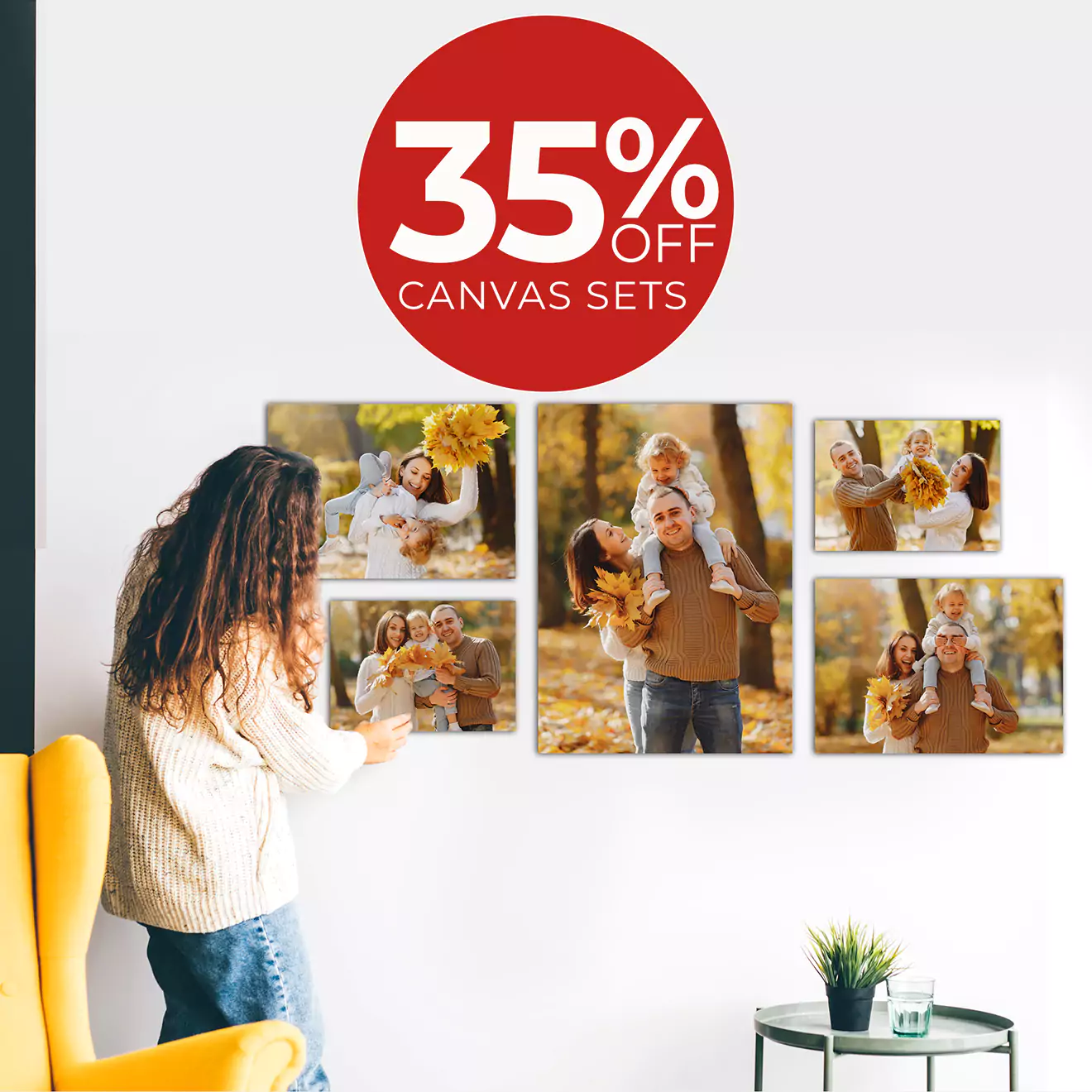 Stylish image showcasing a stunning set of canvas prints with a bold text overlay offering 35% off. Perfect for decorating your space with beautiful, high-quality artwork. Transform your walls with this incredible canvas set discount and add a touch of elegance to any room.