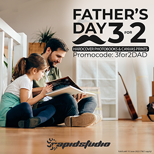 Heartwarming image featuring a father and child, with a bold text overlay promoting a 3-for-2 offer on photobooks for Father’s Day. The perfect way to celebrate dad by capturing and preserving precious family memories with this fantastic photobook deal.