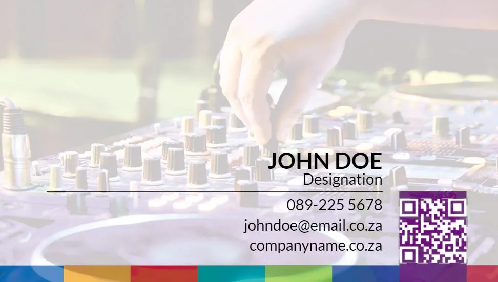 Business card design featuring a DJ theme with an image of a hand adjusting a DJ mixer. The card includes placeholders for a name, designation, contact number, email, and company website. A colourful border and a QR code are also present for additional information.