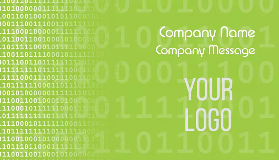 Green-themed business card design featuring a binary code background on the left side, transitioning to a solid green on the right. The card includes placeholders for "Company Name," "Company Message," and "Your Logo" in white text. Suitable for tech-related businesses.