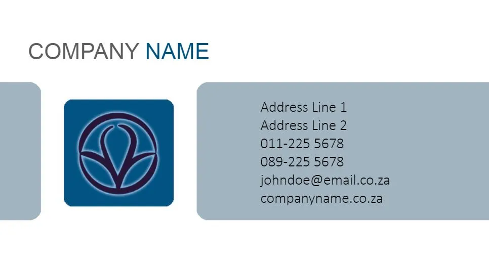 Business card template featuring a modern design with a blue and grey colour scheme. The left side displays a company logo with a stylised flower icon, while the right side includes placeholders for company name, address, phone numbers, email, and website. Ideal for professional use.