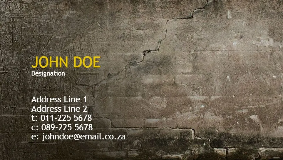 Business card with a rustic, cracked wall background design. The card features placeholder text for a name, designation, address, phone numbers, and email address in a modern, clean font. The name 'John Doe' is highlighted in yellow, while the rest of the text is in white.