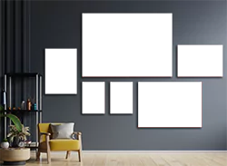 Six-piece canvas wall art set displayed in a modern living room with dark grey walls. The canvases feature abstract designs with black and red accents. The set includes various sizes, arranged in a visually appealing layout. Ideal for personalised gifts or home decor.