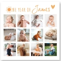 Theme collage photo book titled 'One Year of James' featuring a collection of baby photos capturing various moments from the first year. Ideal for baby shower gifts, personalised keepsakes, and photo albums. Perfect for commemorating a baby's first year with cherished memories.