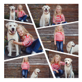 A collage photo block featuring skewed images of a young girl and a Labrador dog. The girl is wearing a red and white striped top and jeans, and the dog is white with a collar. The background is a rustic wooden wall. Ideal for personalised gifts, photo albums, and home decor.