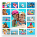 A vibrant photo collage featuring various summer-themed images of children and families enjoying a swimming pool. The collage is arranged in a grid format with multiple photos showcasing playful moments in the water. Ideal for personalised gifts, photo albums, and photobooks.