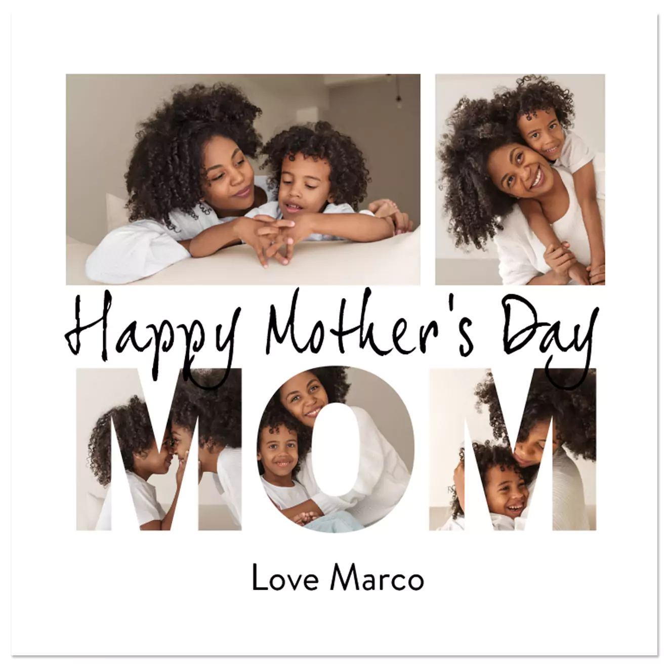 Personalised Mother's Day photo collage featuring a mother and child, with 'Happy Mother's Day' text and 'MOM' cut-out design. Includes multiple photos of the duo in a loving embrace. Ideal as a heartfelt gift for her, perfect for special occasions like Mother's Day.