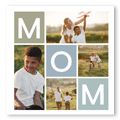 Square photo collage featuring the word "MOM" with family photos in various outdoor settings. Ideal for personalised gifts in South Africa, this photobook design is perfect for Mother's Day, baby shower gift ideas, or Christmas gifts. A thoughtful way to cherish family memories.