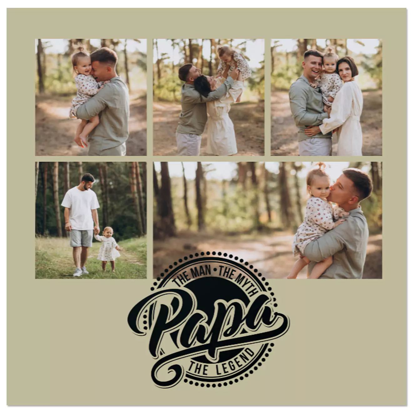 Theme collage photo book titled 'Papa' featuring five family photos with a father and child in outdoor settings. The cover has a beige background with the text 'The Man, The Myth, The Legend' and 'Papa' in a stylish black font. Ideal for personalised gifts for dads, Father's Day, or birthdays.