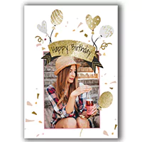 Elegant birthday greeting card featuring a gold 'Happy Birthday' banner, gold and white balloons, and a photo of a woman holding a drink. Ideal for personalised gifts and special occasions.