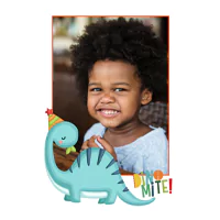 Greeting card featuring a smiling child and a playful dinosaur illustration wearing a party hat. The card has a cheerful 'Dino-Mite!' message, making it ideal for birthdays or celebrations.