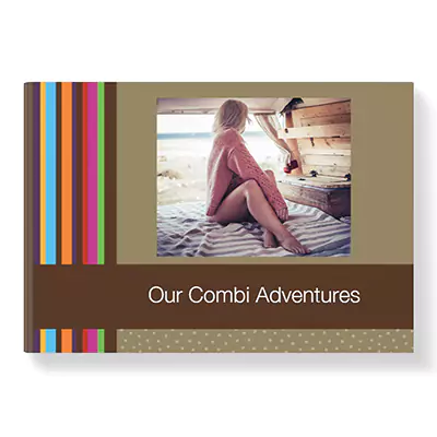 Retro-themed hardcover photobook titled 'Our Combi Adventures.' The cover features a central photo of a person sitting in a cosy, wooden interior, wrapped in a blanket. The design includes colourful vertical stripes on the left and a brown band with polka dots at the bottom. Ideal for personalised gifts, photo albums, and keepsakes.