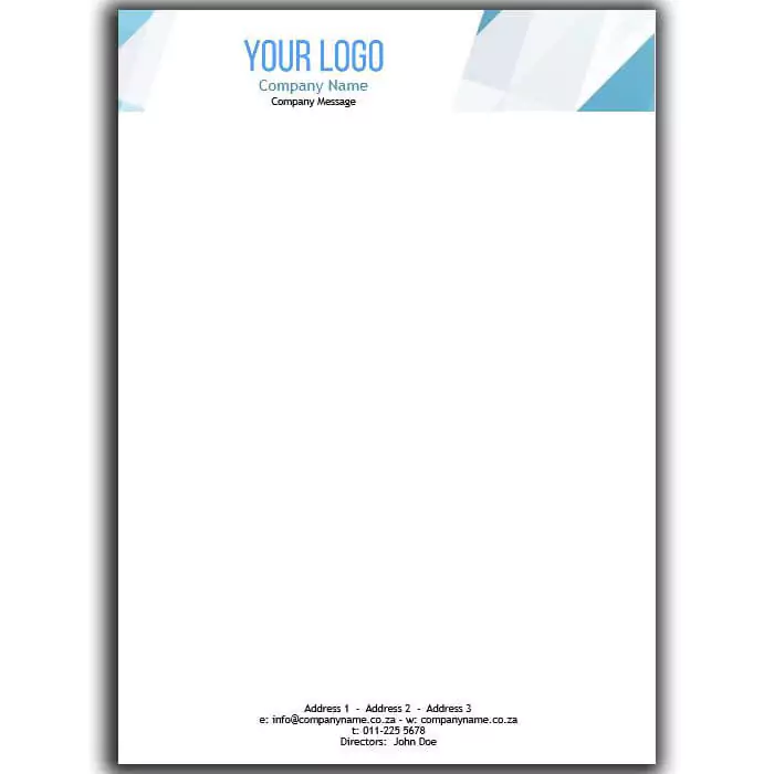 Customisable letterhead featuring a modern design with blue geometric accents at the top. Includes space for a company logo, name, and message at the top, and contact details at the bottom. Ideal for professional business correspondence and branding.