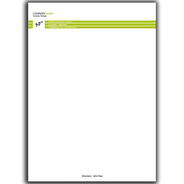 Customisable letterhead design featuring a clean, white background with green accents. The top section includes space for company name and logo, with green horizontal lines for additional information. Ideal for professional business correspondence.