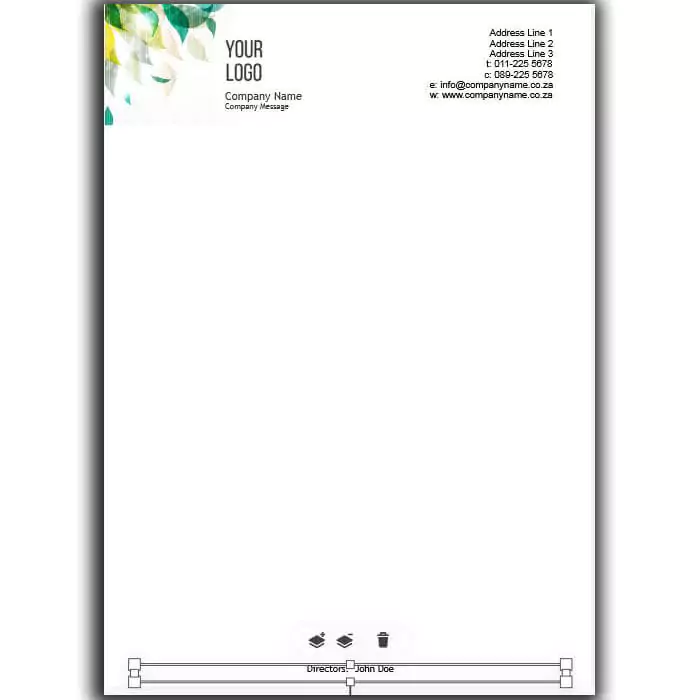 Customisable letterhead design with a white background, featuring a subtle floral pattern in the top left corner. Includes placeholders for a company logo, company name, manager's name, address, contact details, and website. Ideal for professional business correspondence.