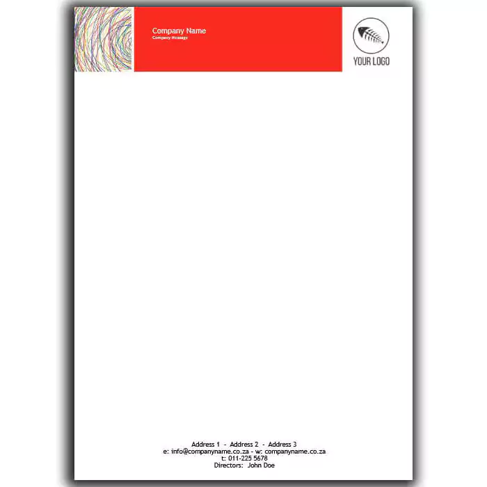 Customised letterhead design featuring a prominent red header with space for company name and logo. The letterhead includes a colourful abstract design in the top left corner and contact details at the bottom. Ideal for professional business correspondence.