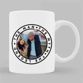 White ceramic mug featuring a circular photo of a man and a child, surrounded by the text "The Man, The Myth, The Legend." Ideal for personalised gifts, especially for dads. Perfect for occasions like Father's Day, birthdays, or Christmas. Suitable for gifts for men and personalised gifts in South Africa.