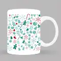 White ceramic mug with a festive Christmas design featuring green and red holiday-themed icons such as candy canes, gingerbread men, snowflakes, and Christmas trees. Perfect for Christmas gift ideas, personalised gifts in South Africa, and holiday celebrations.