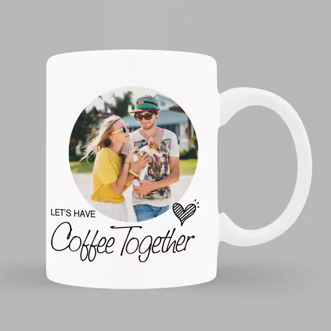 White ceramic mug featuring a photo of a smiling couple enjoying coffee together. The mug has the text "Let's Have Coffee Together" in stylish black font with a small heart illustration. Ideal for personalised gifts in South Africa, perfect for Christmas or Valentine's Day gift ideas.