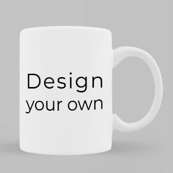 White ceramic mug with 'Design your own' text, offering customisation options. Ideal for personalised gifts, including Christmas gifts, gifts for men, gifts for her, and Valentine's Day gift ideas. Perfect for creating unique, personalised presents in South Africa.