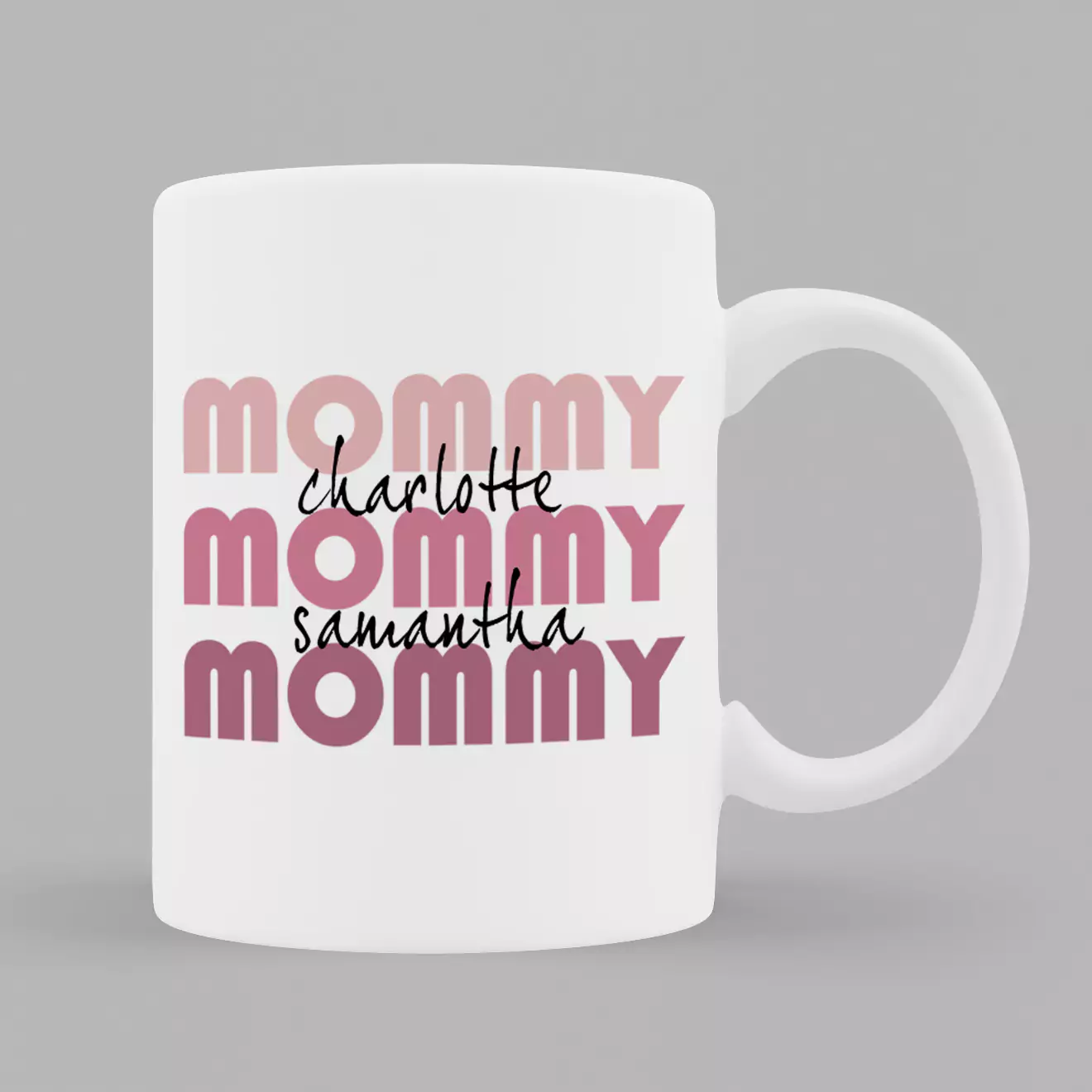 White ceramic mug featuring the word "Mommy" repeated four times in varying shades of pink. The names "Charlotte" and "Samantha" are written in black cursive over the design. Ideal for personalised gifts, baby shower gift ideas, and Christmas gifts for moms.