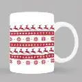 White ceramic mug featuring a festive red and white reindeer and snowflake pattern. Ideal for Christmas gift ideas, this themed mug is perfect for holiday celebrations and makes a thoughtful gift for men, women, or as a personalised gift in South Africa.