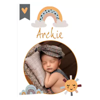 Boho-themed personalised poster featuring a sleeping baby in a circular frame, adorned with a rainbow, heart, and sun illustrations. The name "Archie" is written in stylish script above the baby. Ideal for baby shower gift ideas, personalised gifts in South Africa, and nursery decor.