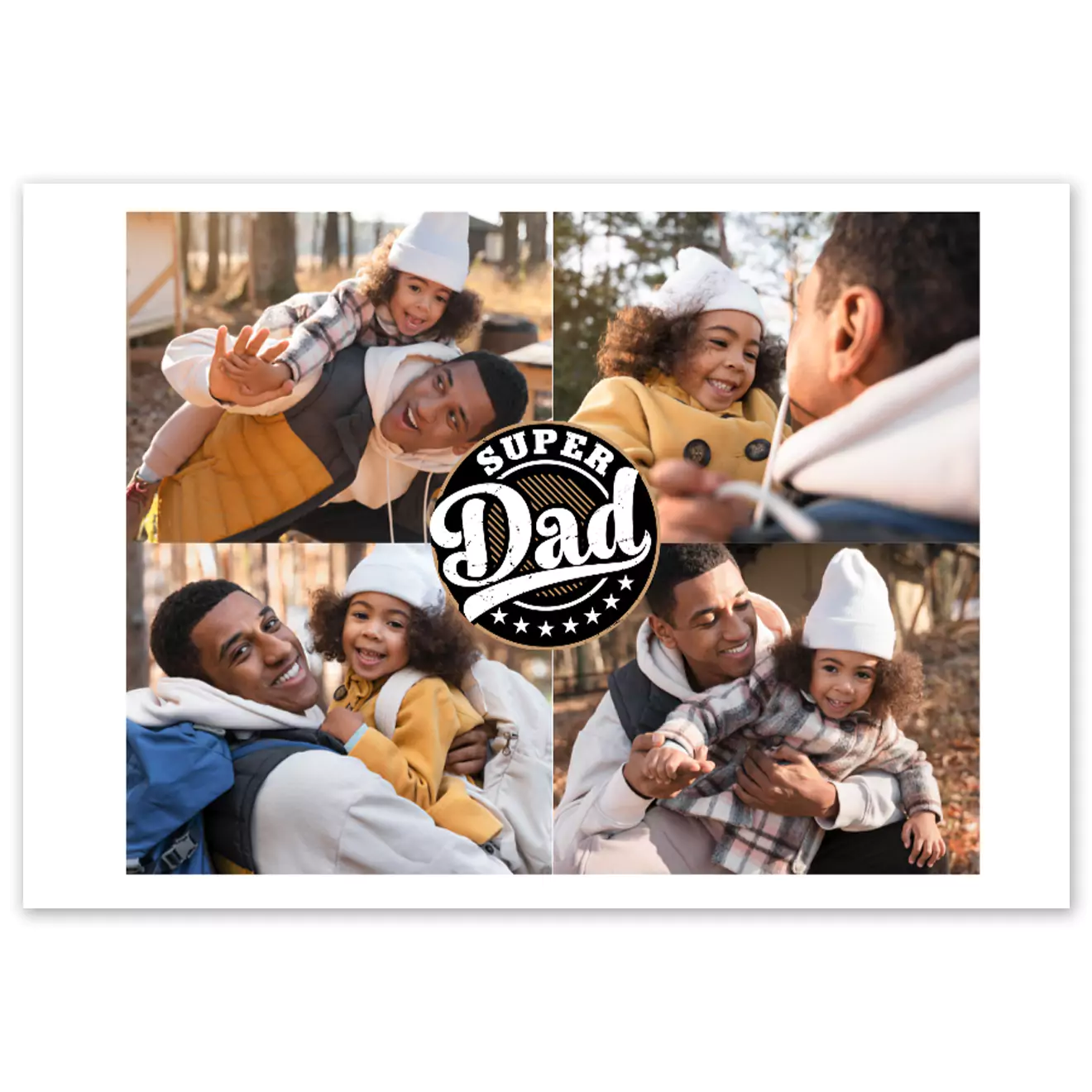 Hardcover photo book with a 'Super Dad' theme, featuring a collage of heartwarming father-child moments. Ideal for gifts for dad, personalised gifts in South Africa, and special occasions like Father's Day or birthdays. Perfect for creating a memorable photo album.