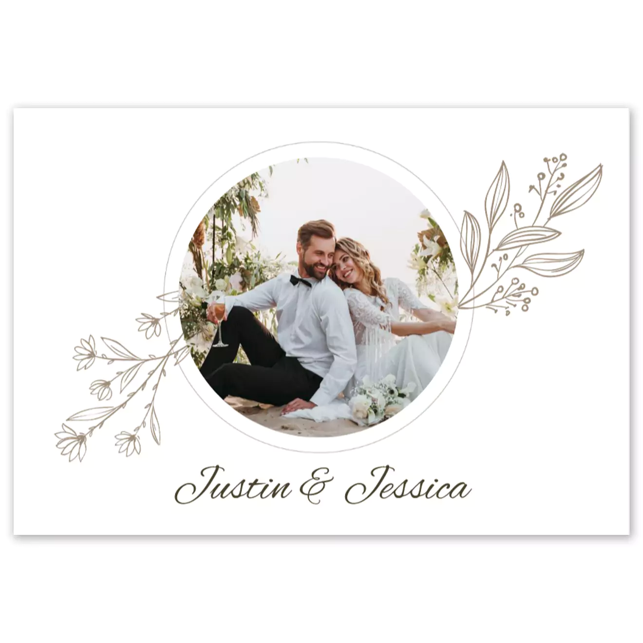 Elegant hardcover wedding photo album featuring a couple's image in a circular frame on the front cover. The design includes delicate floral illustrations and personalised names "Justin & Jessica" in stylish script. Ideal for preserving wedding memories and makes a thoughtful gift idea.