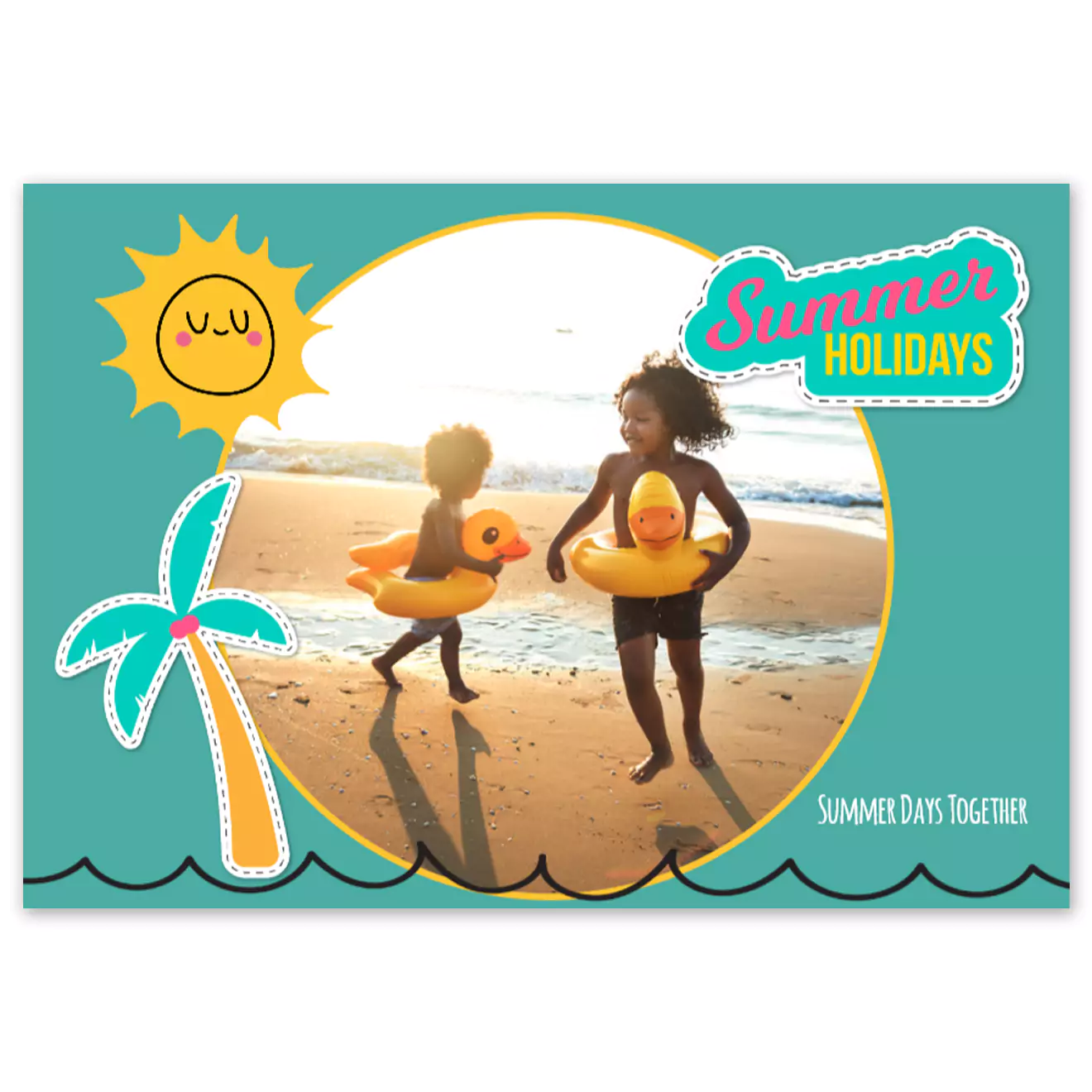 Summer-themed hardcover photo book featuring a vibrant beach holiday design. The cover showcases two children playing on the beach with inflatable duck rings, set against a turquoise background with playful illustrations of a sun, palm tree, and waves. Ideal for personalised gifts, photo albums, and holiday memories.