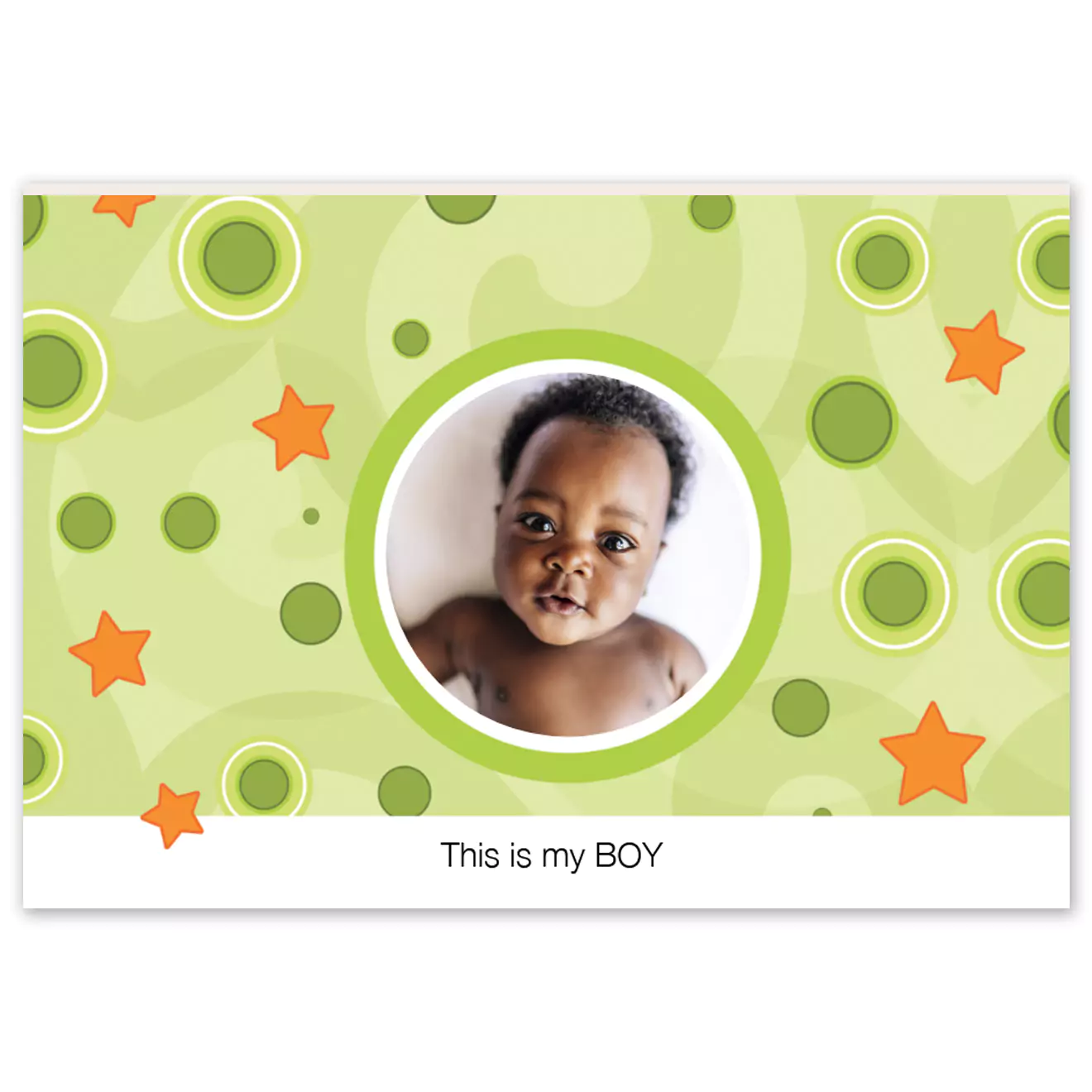 Hardcover photo book with a 'My First Year' theme, featuring a green background with orange stars and green circles. The cover includes a circular photo of a baby in the centre. Ideal for baby shower gift ideas, personalised gifts in South Africa, and photo albums.