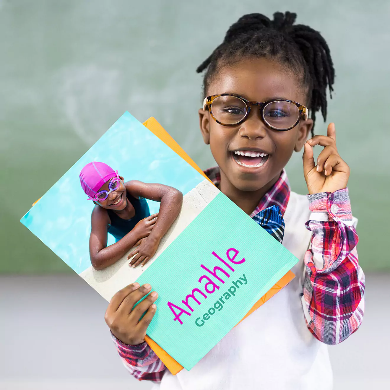 Customisable photo book with a vibrant turquoise cover featuring a young girl wearing red sunglasses, a white t-shirt, and a pink backpack. The word "Matte" is elegantly written on the cover. Ideal for personalised gifts, photo albums, and special occasions.