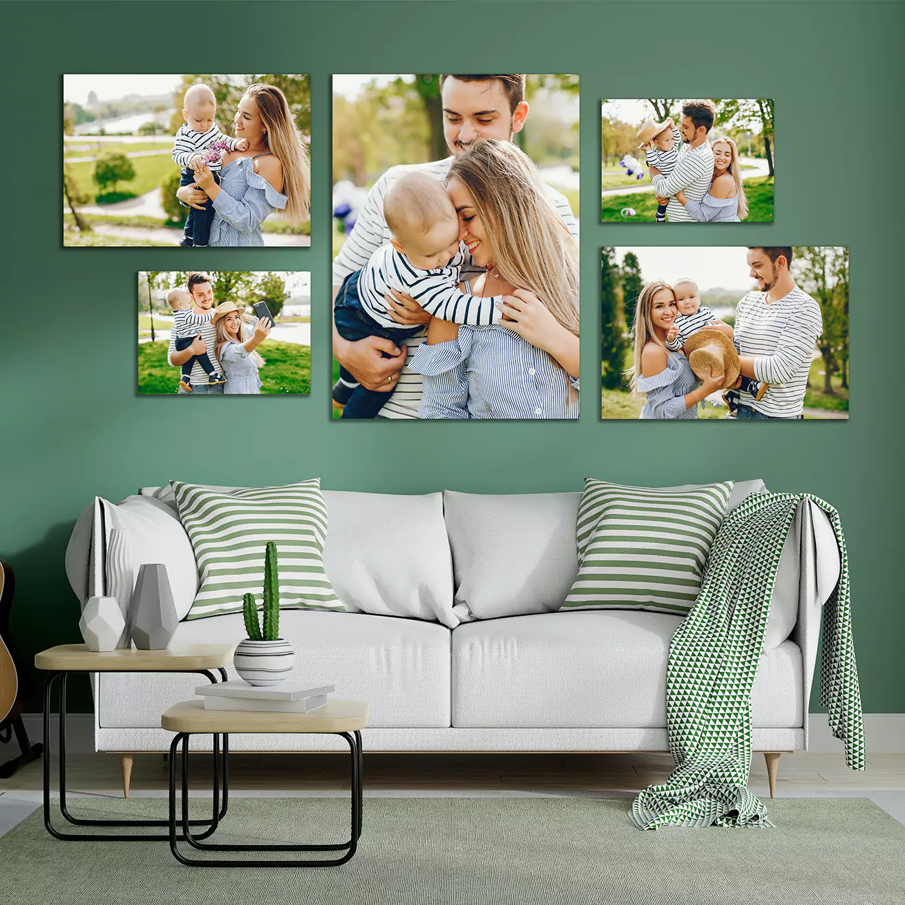 Beautiful canvas set in a cozy living room, showcasing a loving young family on the wall, perfectly blending with modern home decor. Ideal for enhancing the warmth and charm of South African living spaces.