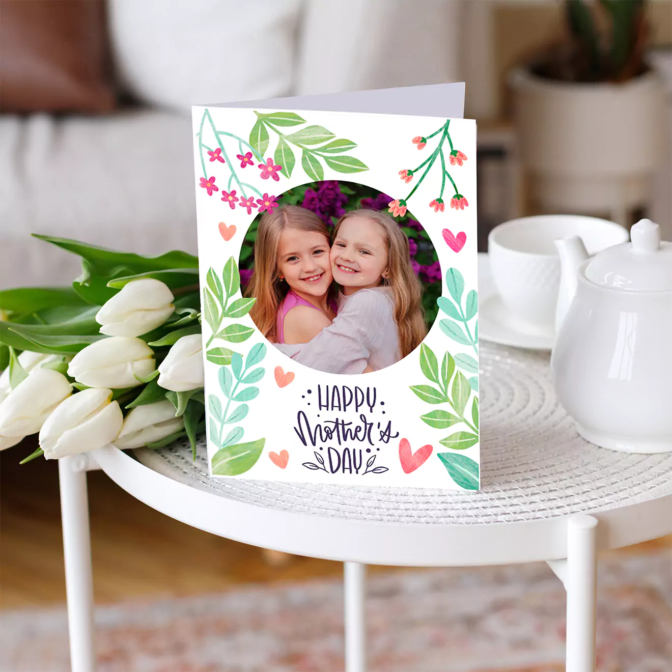 A beautifully designed themed greeting card placed on a table, perfect for Mother's Day. This personalised card makes an ideal gift, showcasing heartfelt sentiments for her. Thoughtful gift ideas in South Africa.