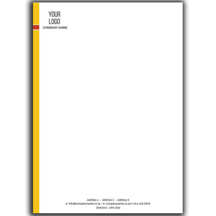 "Corporate A4 letterhead with a minimalist design featuring a vertical yellow and red stripe on the left side. The top left corner includes space for a company logo and name, while the bottom section provides areas for contact details. Ideal for professional business correspondence."