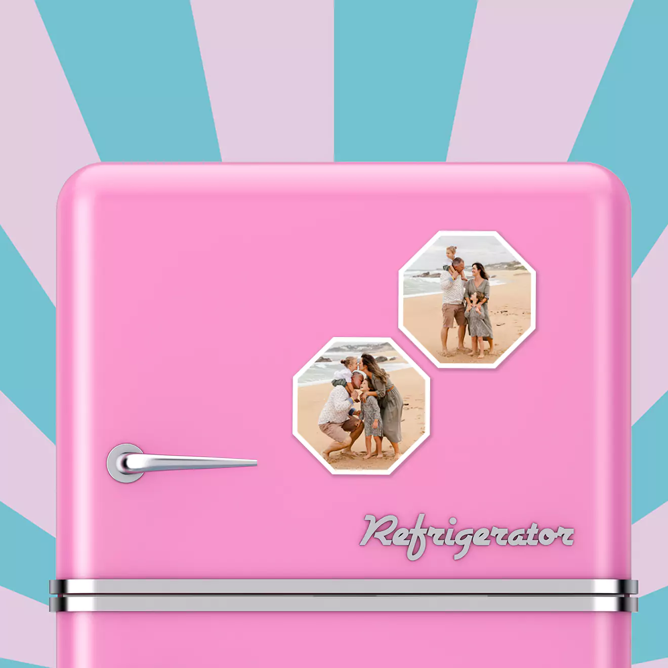 A retro-style pink refrigerator adorned with two hexagonal photo magnets featuring family beach scenes. The background has a blue and pink striped pattern. Ideal for personalised gifts, photo albums, and unique home decor. Suitable for various gift occasions like Christmas or Valentine's Day.