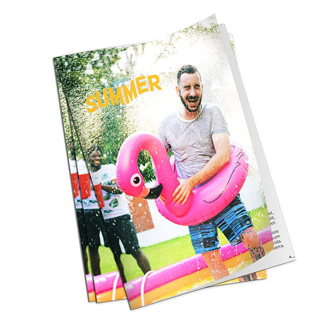 Softcover photo book featuring a vibrant summer theme with a cover image of a man holding a pink flamingo float, enjoying a water activity. Ideal for capturing and preserving summer memories. Perfect for personalised gifts, photo albums, and special occasions.