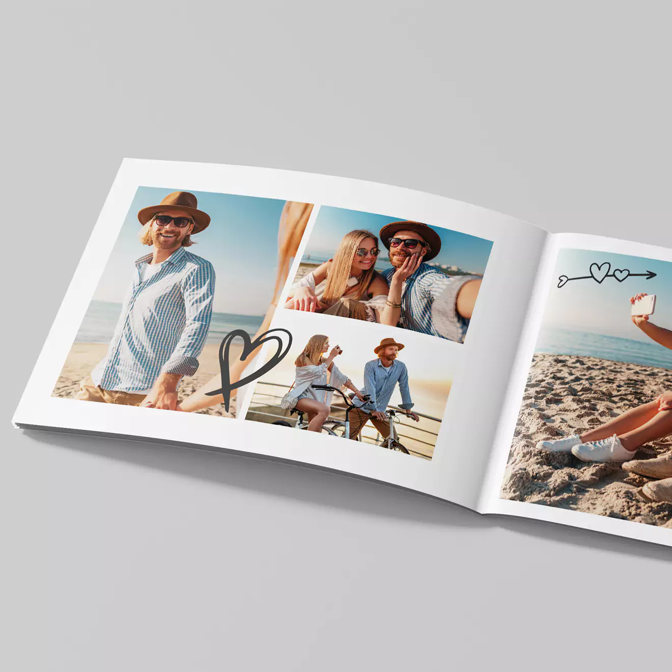 Open photobook displaying a collage of beach photos featuring a couple. The photobook has a white cover and pages, with images of the couple enjoying a sunny day at the beach. Ideal for personalised gifts, photo albums, and special occasions like Valentine's Day or Christmas.