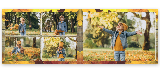 Autumn-themed photo book featuring a young child playing in a park filled with autumn leaves. The pages display vibrant images of the child in a denim jacket and mustard yellow sweater, capturing joyful moments in nature. Ideal for personalised gifts, baby shower gift ideas, and photo albums.