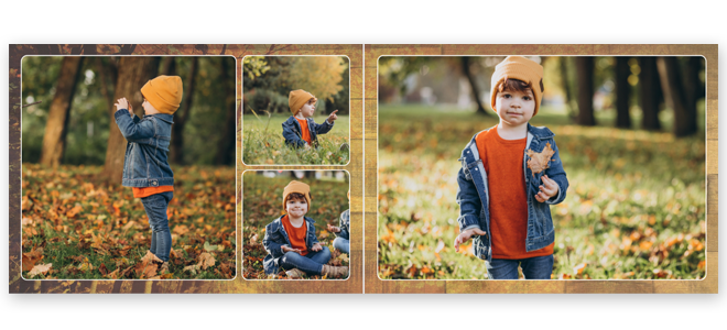 Open photobook with an autumn theme, featuring a young child in a denim jacket and orange beanie playing in a park filled with fallen leaves. The layout includes multiple photos on a rustic background, capturing the essence of the season. Ideal for personalised gifts in South Africa.